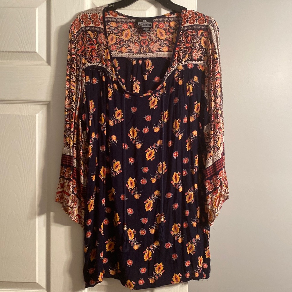 Angie Large Boho Floral Dress with Beaded Tassels and Bell Sleeves